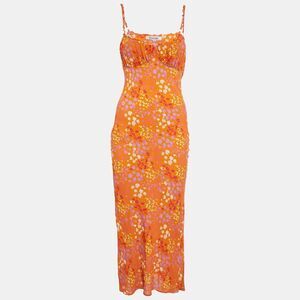 Mirae Orange Floral Print Crepe Florae Midi Dress S